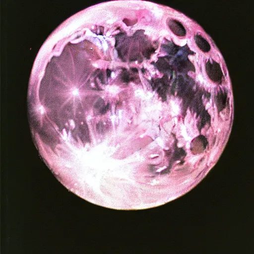 Prompt: close-up Lomochrome Purple photo of the full moon taken in 1836, grainy