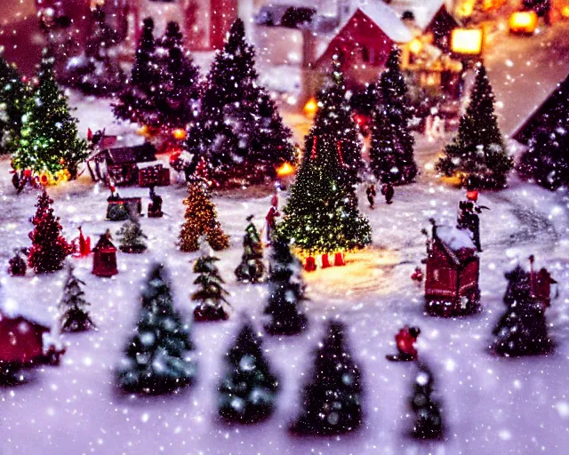 Prompt: dream a miniature festive and christmas village in the snow, tilt - shift, lit up christmas trees, winter atmosphere, soft filter, photography, depth of field