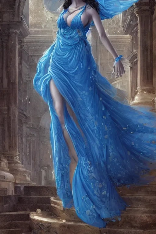 Image similar to aphrodite goddess beautiful blue gown very sensual, high resolution, uhd, digital illustration, in the style of greg rutkowski, fantasy, amazing detail, epic, intricate, elegant, perfect symmetrical face, hyper realistic, hyperdetailed, style of laura sava, smooth, deep focus