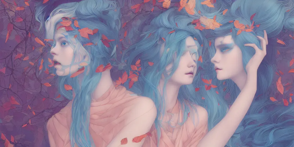 Image similar to breathtaking detailed concept art painting pattern with gradient pastel colors of blue hair faces goddesses amalgamation autumn leaves, by hsiao - ron cheng and james jean, bizarre compositions, exquisite detail, 8 k