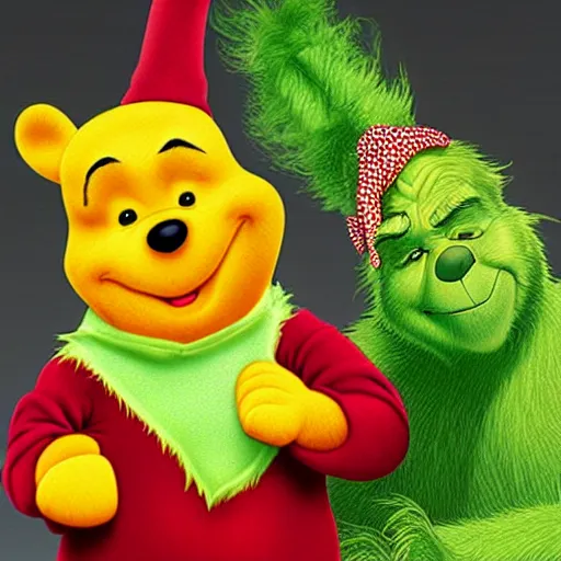 Prompt: winnie the pooh alone as the grinch, winnie the pooh cast as the grinch, full body shot