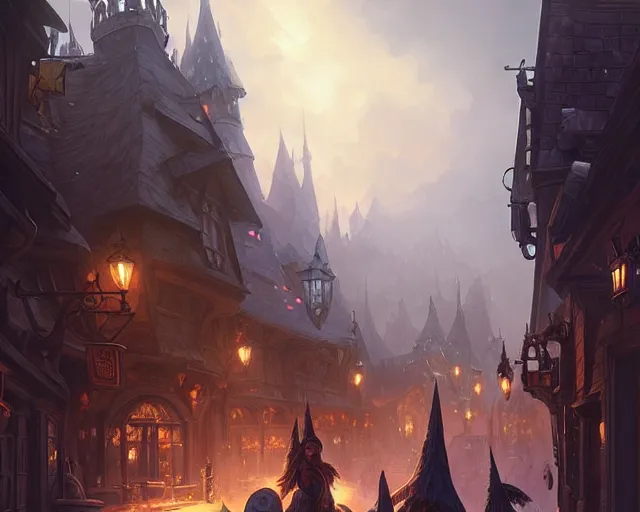 Image similar to fantasy town streets, cloudy, dark, natural lighting, deep focus, d & d, fantasy, intricate, elegant, highly detailed, digital painting, artstation, concept art, matte, sharp focus, illustration, hearthstone, art by artgerm and greg rutkowski and laura sava and alphonse mucha