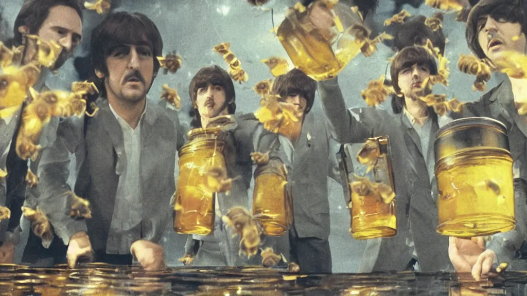 Image similar to The Beatles!!! drowning in honey! in a large honey jar, film still from the movie directed by Denis Villeneuve with art direction by Salvador Dalí, wide lens