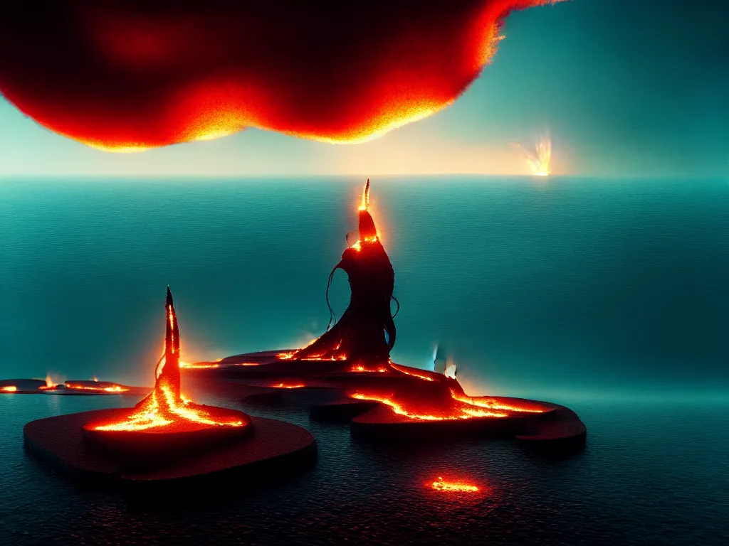 Prompt: highly detailed photo of the fire rises behind the calm sea, trending on deviantart, neo surrealism, sharp focus, 4 k, a lot of little details, octane, masterpiece, art by max ernst