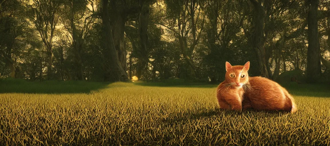 Prompt: a singular cute cat sleeping on the grass in a forest near a small river at sunset, godrays, complementary colors, warm lighting, raytracing, highly detailed, high quality, 4k HDR, concept art, octane render, unreal engine 5, high coherence, calm, relaxing, beautiful landscape, serene, anatomically correct, close photo