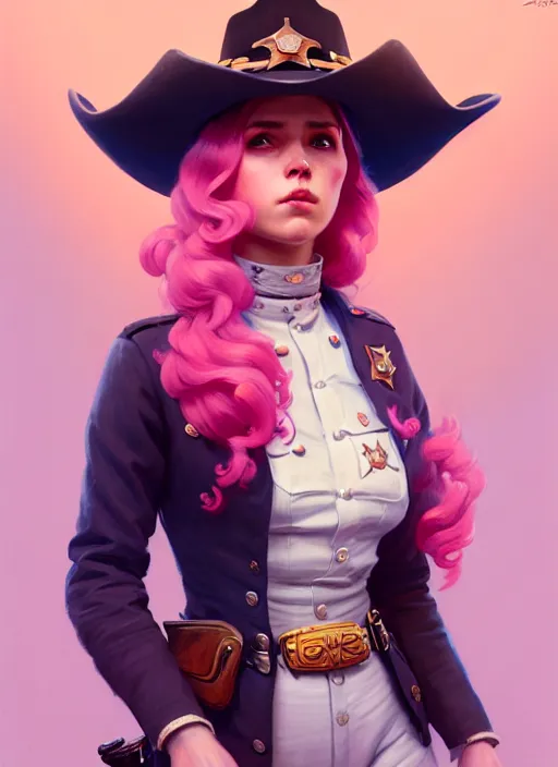 Image similar to female sheriff, beautiful girl, full body, pink hair, cowboy hat, realistic, serov, surikov, vasnetsov, repin, kramskoi, insanely detailed, charlie bowater, tom bagshaw, high resolution, octane rendered, unreal engine, illustration, trending on artstation, masterpiece, 8 k