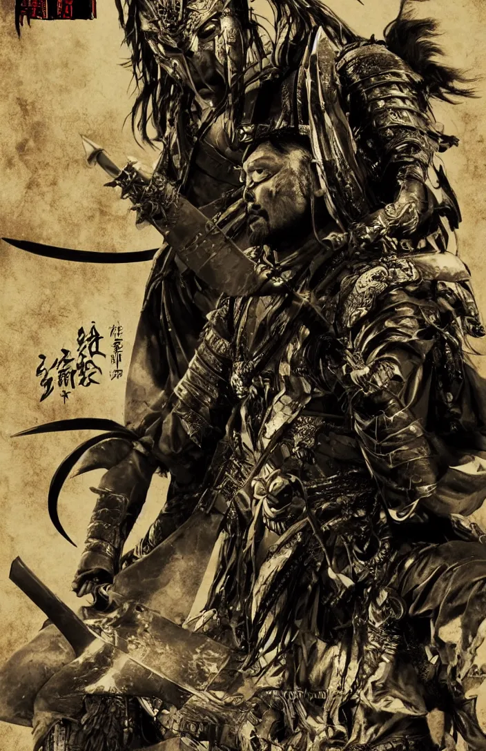 Image similar to movie film poster art for samurai vs predator film shot in feudal japan staring hiroyuki sanada as a disgraced ronin who hunts down the predator after he fails to protect his master from it. in the style of ansel adams, frank frazzetta, warcraft
