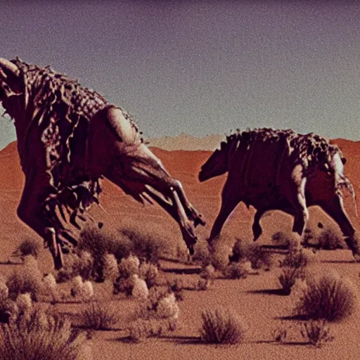 Image similar to photorealistic demonic creatures in the desert, film grain, washed out