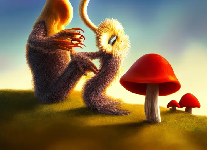 Image similar to a cute dr seuss creature sitting next to a mushroom, golden hour, fantasy, sharp focus, digital art, hyper realistic, 4 k, unreal engine, highly detailed, hd, dramatic lighting by brom, trending on artstation