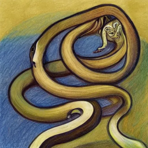 Image similar to A beautiful drawing of a snake eating its own tail that seems to go on forever. 2000s by Nora Heysen colorful, amorphous