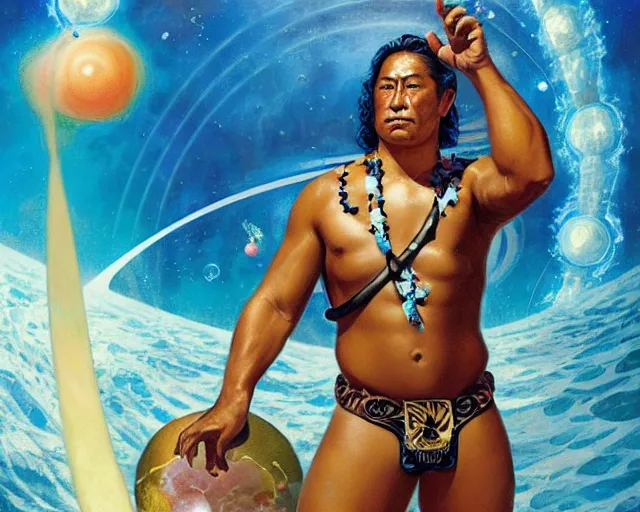 Image similar to duke kahanamoku as a hawaiian warrior surrounded by intergalactic planets connected by streams of multiversal flow, sigma male, gigachad, visually stunning, luxurious, by wlop, james jean, jakub rebelka, tran nguyen, peter mohrbacher, yoann lossel