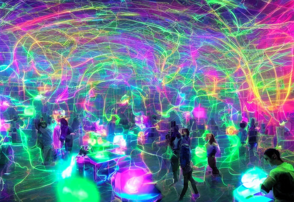 Prompt: a room full of confused wizards in their library playing with their new room sized magical glowing computers of magical energy, infinite hallways, bright neon rainbow light from magic entities