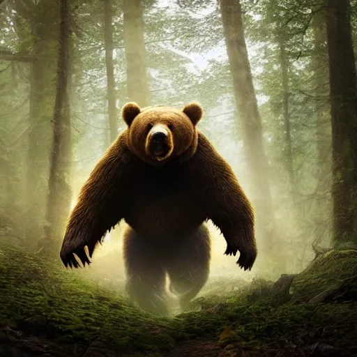 Image similar to a giant bear-shaped lovecraftian monster running quickly through a woodland, scary bear monster, 4 arms, magical forest, fantasy, Ireland, England, king Arthur, Lord of the rings, cinematic, realistic style, beautiful, majestic, dramatic lighting, early morning, dawn CGsociety, realistic, hyper maximalist, golden ratio, octane render, rule of thirds, wide shot , 8k resolution, epic volumetric light, cinematography, concept art, Artstation trending, environments, fantasy