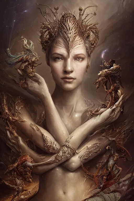 Prompt: beautiful detailed cgi matte painting female empress of the andromeda, by ellen jewett, tomasz alen kopera and justin gerard | symmetrical features, ominous, alluring, vivacious, realism, intricate, ornate, royally decorated, organic, growth, whirling nebulas, glowing particles, colorful adornments, colorful torn fabric, radiant colors