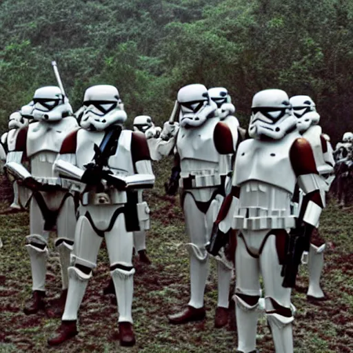 Image similar to star wars clone troopers offer aid to soldiers in vietnam, photo, old picture, lush landscape, field, firearms, war, bombs, explosions, x - wings, tie fighters, aerial combat, active battle zone, in trenches, star wars droids