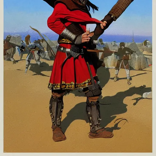 Image similar to a medieval Turkish infantry warrior. HD character design reference, by Angus McBride, gouache.