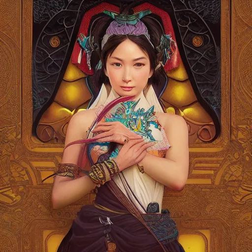 Image similar to portrait of Hello Kitty in ancient Java, D&D, MtG art,fantasy, intricate, elegant, highly detailed, digital painting, artstation, concept art, smooth, sharp focus, illustration, art by artgerm and greg rutkowski and alphonse mucha