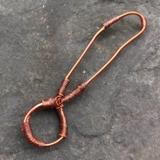 Image similar to beautiful but simple amulet made from sandstone and dirtstone, bound together by copper wire