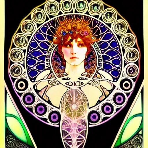 Image similar to psychedelic sacred geometry, intricate, sophisticated, ultra realistic, incredibly detailed, diagram, illustration, trending on artstation, art by alphonse mucha