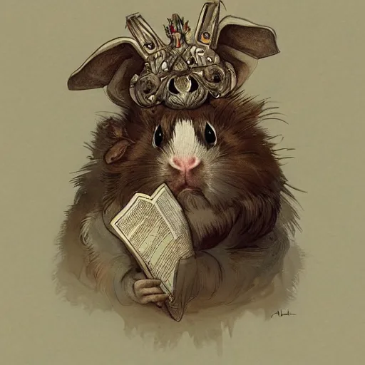 Image similar to A heraldic Prince Guinea Pig with big cute eyes, D&D, fantasy, intricate, cinematic lighting, highly detailed, digital painting, artstation, concept art, smooth, sharp focus, illustration, art by Akihiko Yoshida, Greg Rutkowski and Alphonse Mucha