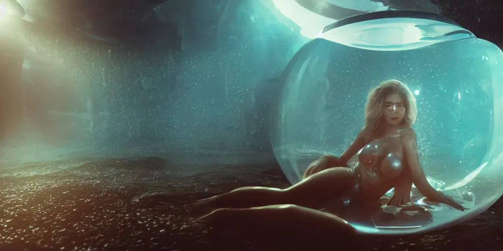 Image similar to a beautiful woman wearing plastic armor swimming inside a bubble in an alien ocean, 1 6 k, photorealistic, cinematic composition, movie concept art, cinematic composition 8 k, intricate detail, high detail, hd, octane render, unreal engine, v - ray, cinematic lighting, octane, volumetric lighting, dark moody lighting, atmosphere, coral reef background, matte painting, extreme long shot