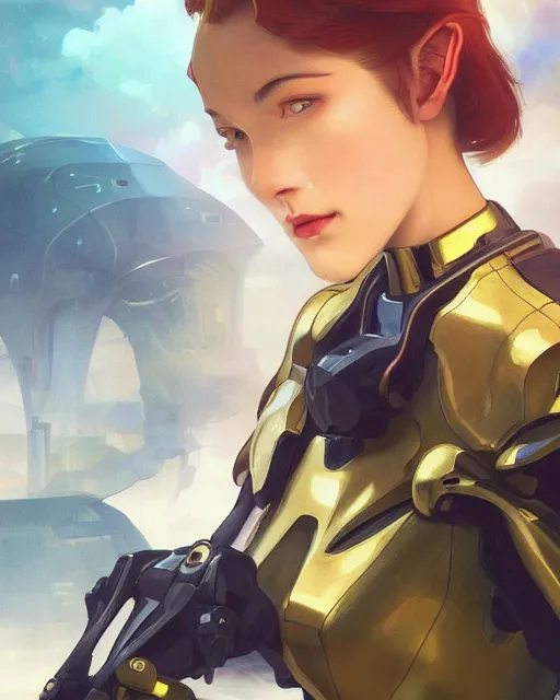 Image similar to beautiful delicate imaginative streamlined elegant futuristic close up portrait of a soldier female sitting with elegant deadly looks, mecha neon genesis evangelion armor with gold linings by ruan jia, tom bagshaw, alphonse mucha, futuristic buildings in the background, epic sky, vray render, artstation, deviantart, pinterest, 5 0 0 px models