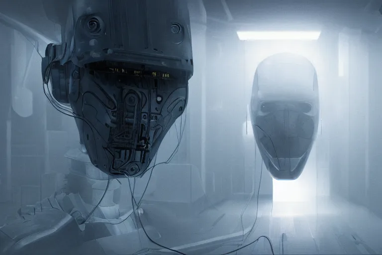 Image similar to extremely detailed cinematic movie still 3 0 7 7 foggy portrait shot of a robot in an endless data centre by denis villeneuve, wayne barlowe, simon birch, marc simonetti, philippe druillet, beeple, bright volumetric sunlight from small windows, rich moody colors