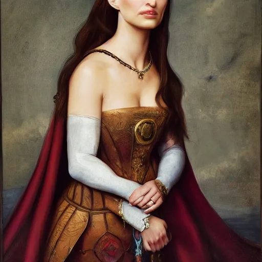 Prompt: a portrait of a Natalie Portman as beautiful female wizard, full face, beautiful clothes, oil painting in a renaissance style , very detailed, fantasy art, rule of thirds