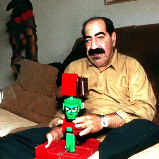 Prompt: saddam hussein playing with bionicle, christmas morning photo, 1990