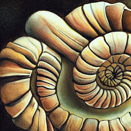 Prompt: snails in their shell by Hamid Savkuev, close-up, botanical illustration