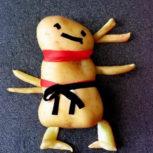 Prompt: a potato dressed as a ninja. the potato is wearing a ninja costume