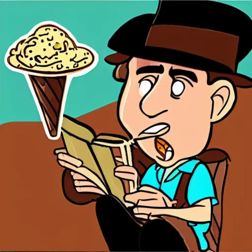 Image similar to indiana jones eating an ice cream, reading a book, cartoon style