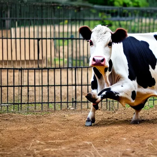 Prompt: cow running from a cage