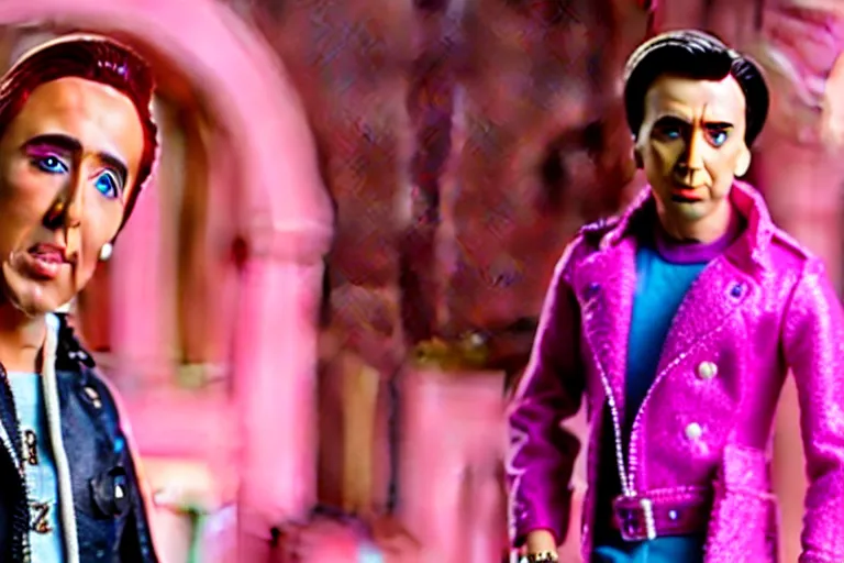 Image similar to Nicolas cage in barbie high resolution still film