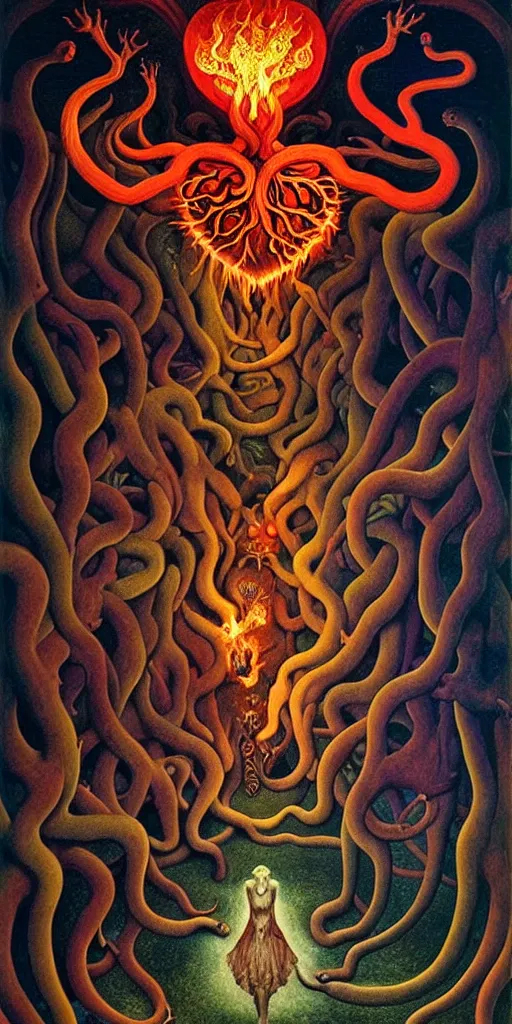 Image similar to mythical creatures and monsters in the visceral anatomical human heart imaginal realm of the collective unconscious, in a dark surreal painting by johfra, mc escher and ronny khalil, dramatic lighting fire glow