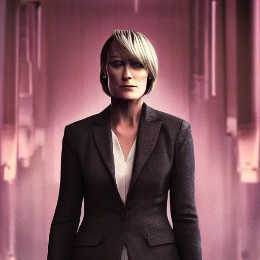 Image similar to House of cards actress Claire Underwood in a cyberpunk suit, walking alone in an empty futuristic city road, artstation, digital art, trending, 8k