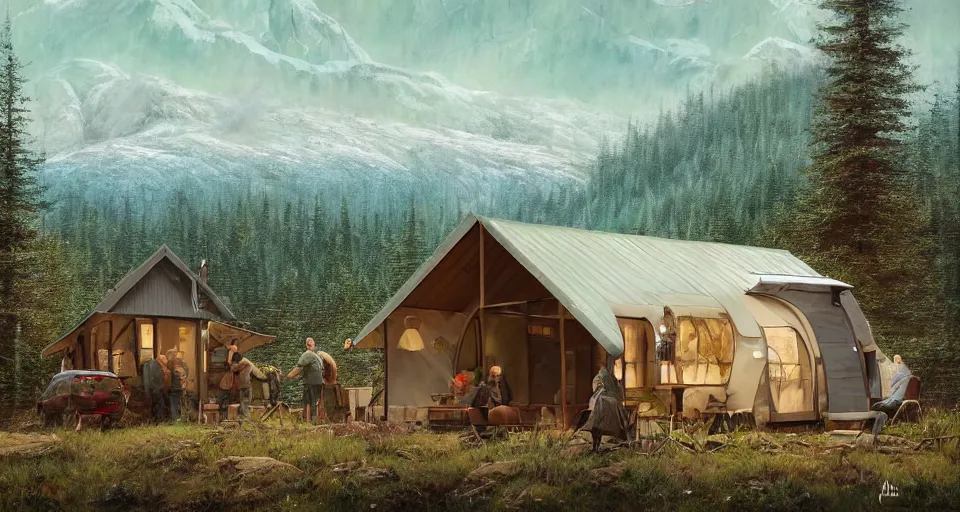 Prompt: cabela's beautiful comfortable modular pop - up insulated all terrain family dwelling, cabin,, person in foreground, mountainous forested wilderness open fields, beautiful views, painterly concept art, joanna gaines, environmental concept art, farmhouse, magnolia, concept art illustration, by james gurney, by craig mullins, by greg rutkowski trending on artstation