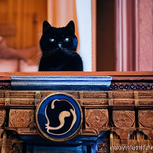 Prompt: cat sitting over a podium addressing india, ani, sony a 7 r