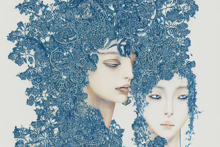 Image similar to woman portrait, goddess of greek mythology, orthodox saint, amalgamation of leaves and flowers. balenciaga, intricate complexity. matte paper, cut paper texture. by Jeffrey Catherine Jones, James jean, Miho Hirano, Hayao Miyazaki, coarse gritby. Full of light-blue and silver and white layers. Exquisite detail 8K