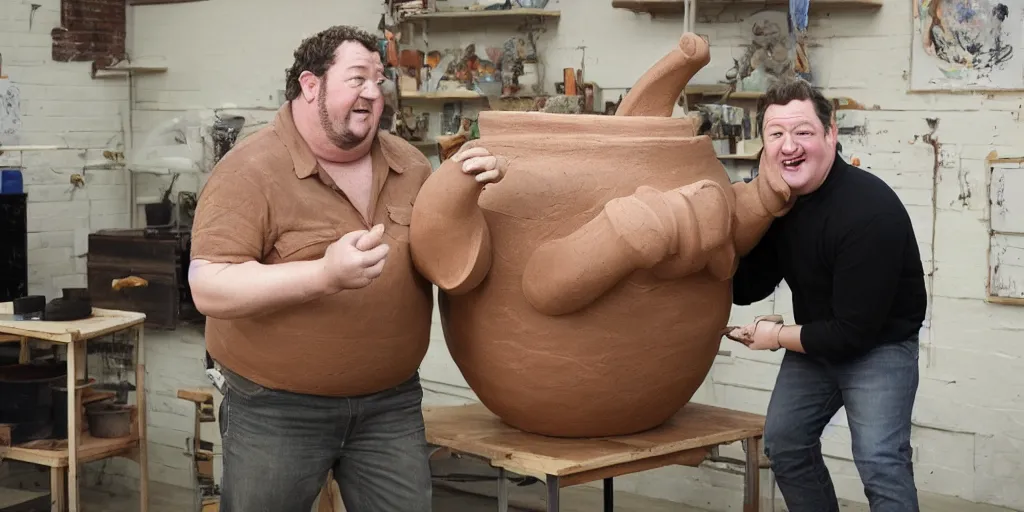 Image similar to johnny vegas making a very large clay teapot, art school, studio, wet clay, photorealistic, stand up comedy