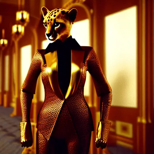 Prompt: A scene from a 2022 Marvel film featuring a steampunk anthropomorphic cheetah wearing a suit in an opulent palace room. Golden Hour. Photorealistic. Cinestill 800t.