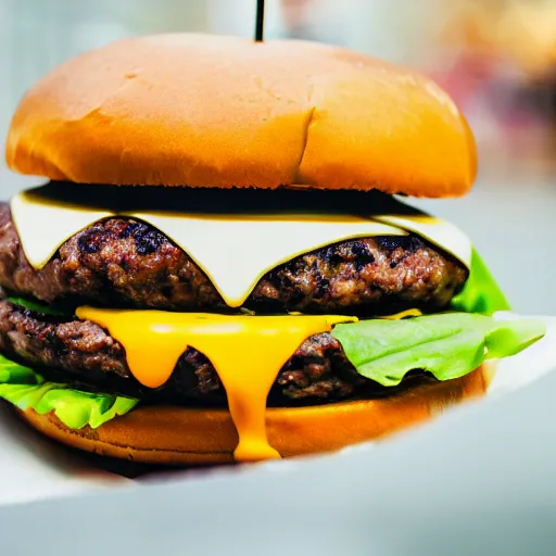 Prompt: Thick burger, multiple patties, huge burger, too big to eat, restaurant photography, food photography, 35mm lens up-close shot