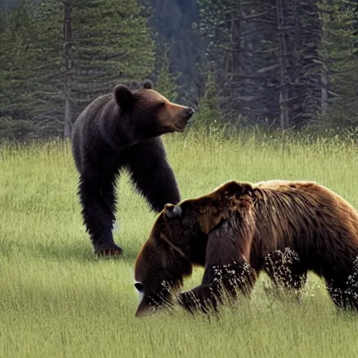 Image similar to realistic photo of a human - size black spider fighting a grizzly bear in a meadow