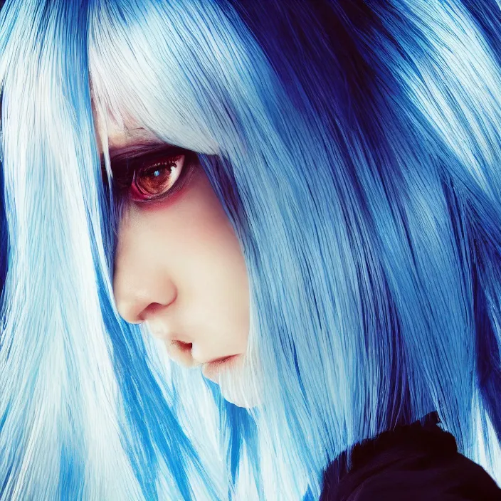 Image similar to full face shot of rimuru tempest, sky blue straight hair, long bangs, with amber eyes, wearing a black jacket, high collar, ultra detailed, concept art, award winning photography, digital painting, cinematic, wlop artstation, closeup, pixiv, evil, yoshitaka amano, andy warhol, ilya kuvshinov,