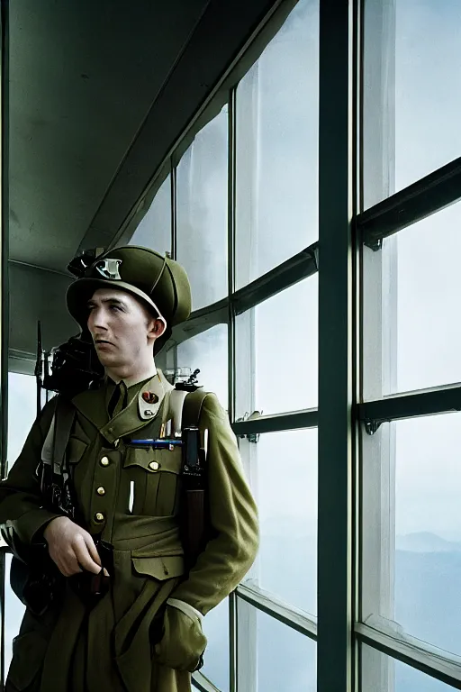 Image similar to kodak portra 5 0 mm f 4 full body portrait photography of a wwii airborne infantry soldier who's a mix of gillian anderson and adam driver, looking exhausted, setting is inside a sci fi megastructure tower looking out a window, photo by erwin olaf