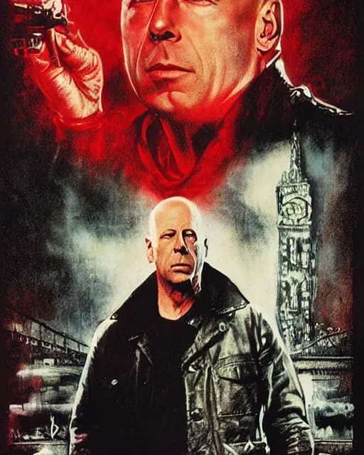 Image similar to bruce willis in 1 2 monkeys, airbrush, drew struzan illustration art, key art, movie poster