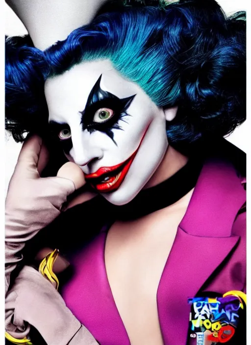 Image similar to photo of Lady Gaga as the Joker by Mario Testino, head shot, detailed, award winning, Sony a7R