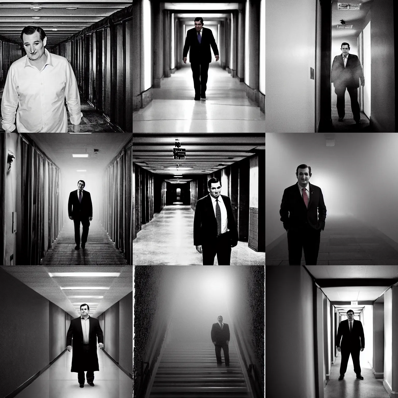 Prompt: Ted Cruz standing at the end of a long, narrow corridor, black and white, creepy lighting, foggy atmosphere, scary, horror, ornate, eerie, fear