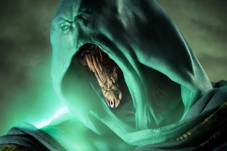 Image similar to vfx film, hyper realistic render, soul reaver, raziel irl, price of persia movie, missing jaw, hero pose, devouring magic souls, scarf, hood, glowing green soul blade, in epic ancient sacred huge cave temple, flat color profile low - key lighting award winning photography arri alexa cinematography, hyper real photorealistic cinematic beautiful, atmospheric cool colorgrade