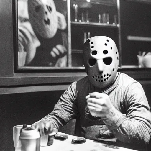 Image similar to photograph of jason voorhees having a coffee at an european caffé